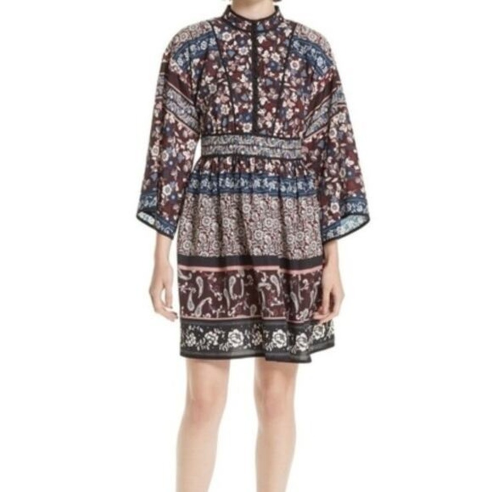 Kate Spade Madison Ave Patchwork Roseta Mini Dress Burgundy Kimono Sleeve XS 2